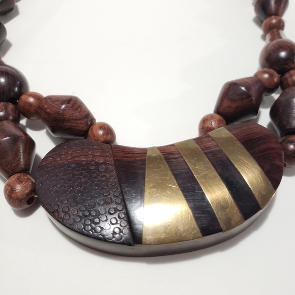 Vintage Chunky Wooden and Brass Statement Necklace - Picture 4 of 12